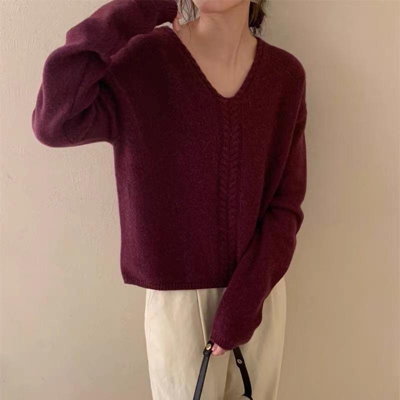 Women's V-neck Pullover Sweater Autumn and Winter New Loose Knit Sweater for Women
