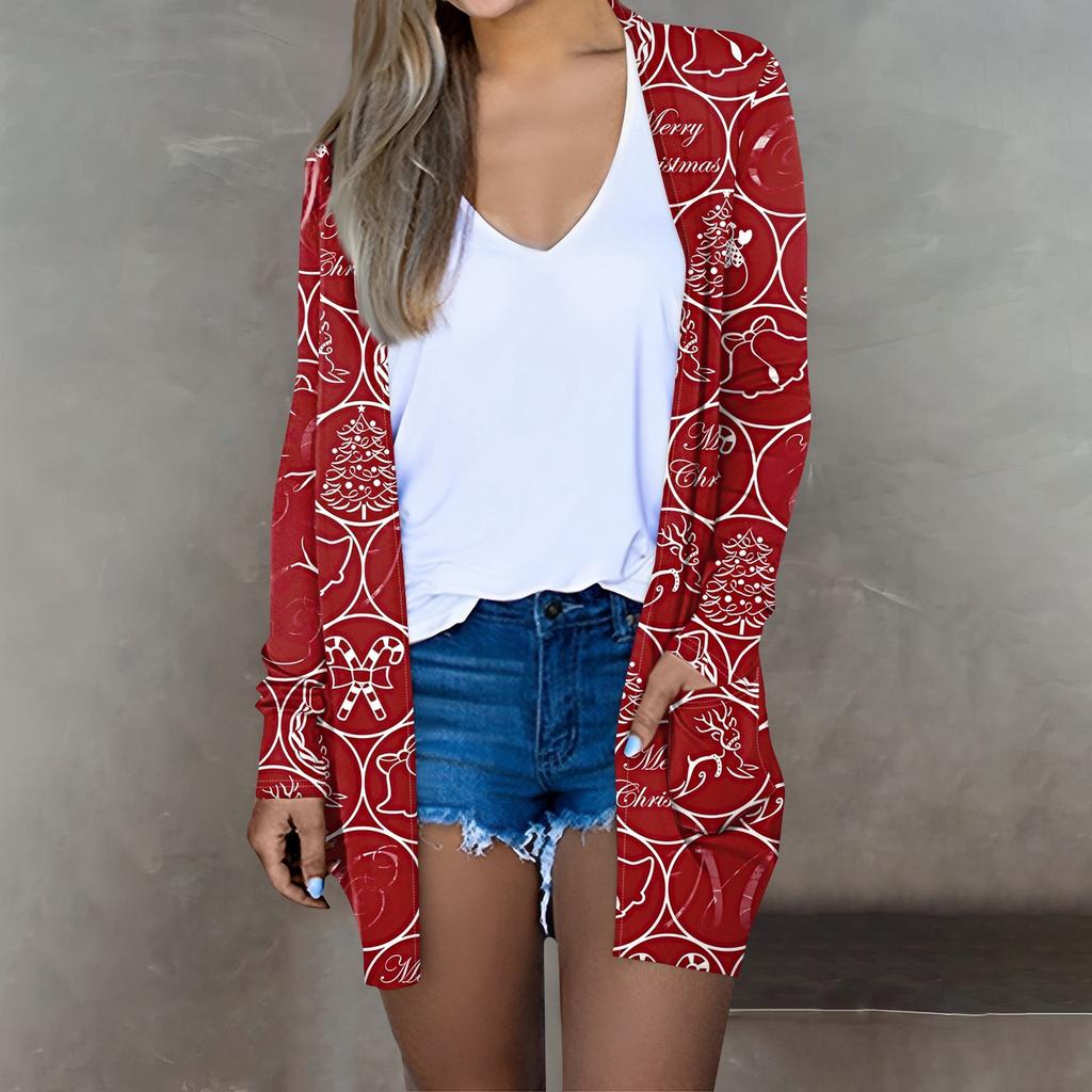 Женская мода, повседневный рождественский принт, кардиган средней длины, куртка, пальто