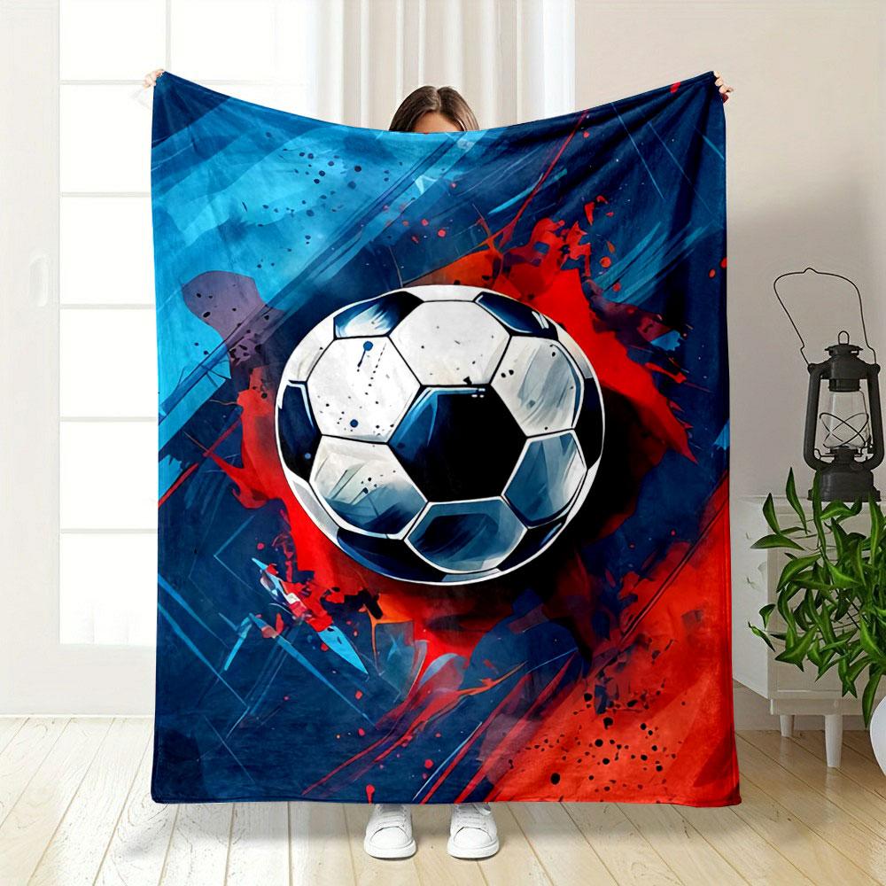 A Soccer Ball with Bold Splashes of Red and Blue On a Dynamic Background. for All Seasons Blanket Lunch Break Throw Gift