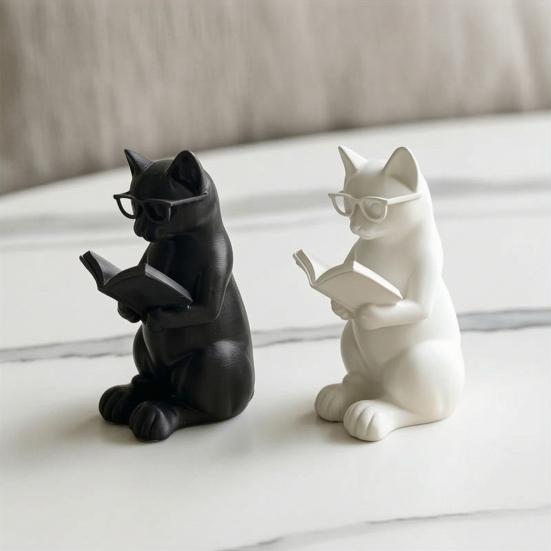 3D-печатная фигурка читающего кота, милая статуэтка кота, читающего книгу, с очками, коллекционная скульптура животного для книжной полки, настольного декора, подарок