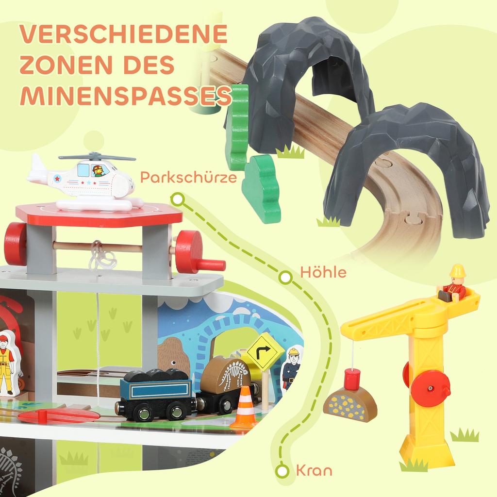 79 Piece Wooden Train Set, Kids Train Track Mine Themed with Crane, Helicopter