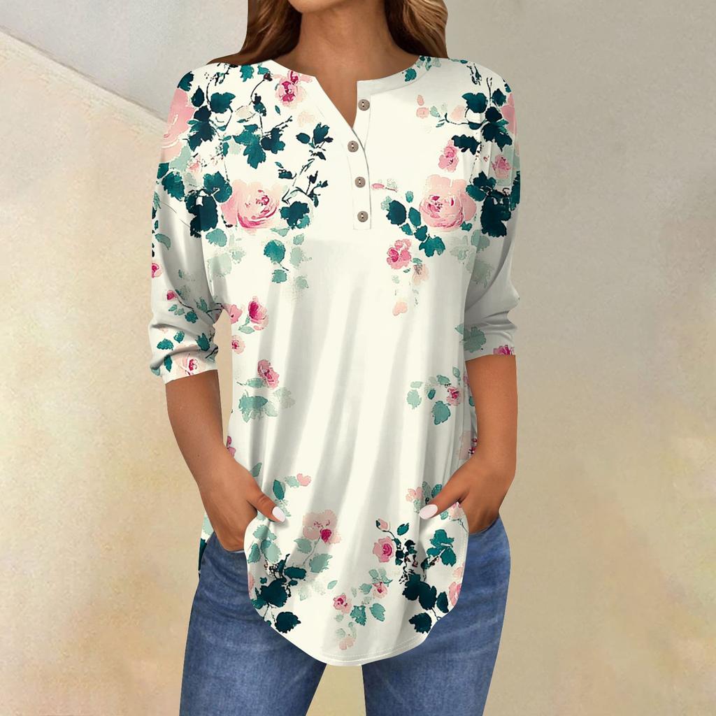 Женская мода свободный воротник на пуговицах с принтом рукав 3/43/4 футболка топы пуловер