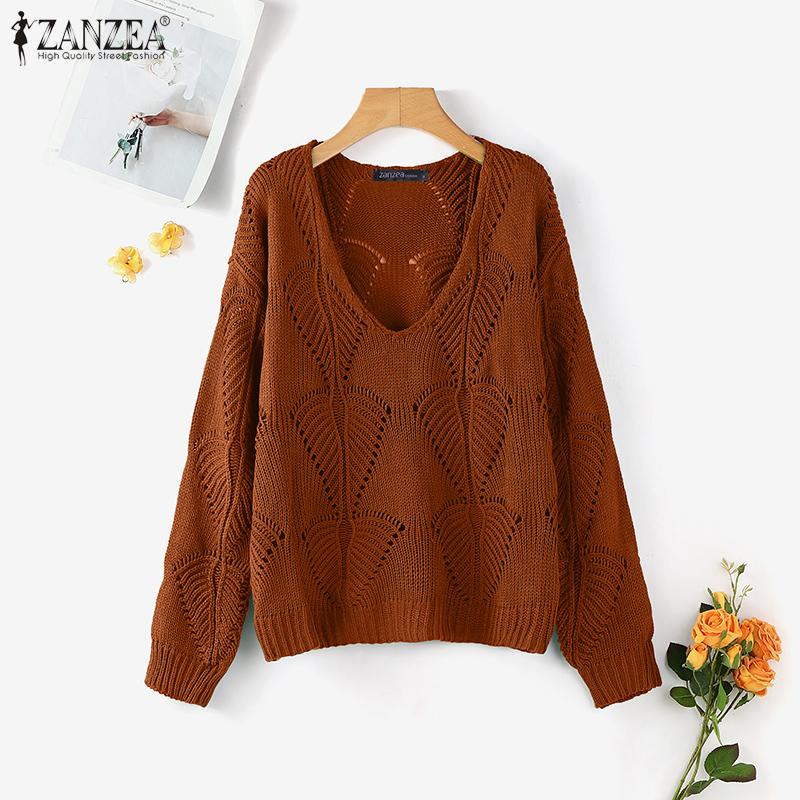 ZANZEA Осенние женские пуловеры с V-образным вырезом, длинными рукавами и ажурной вязкой