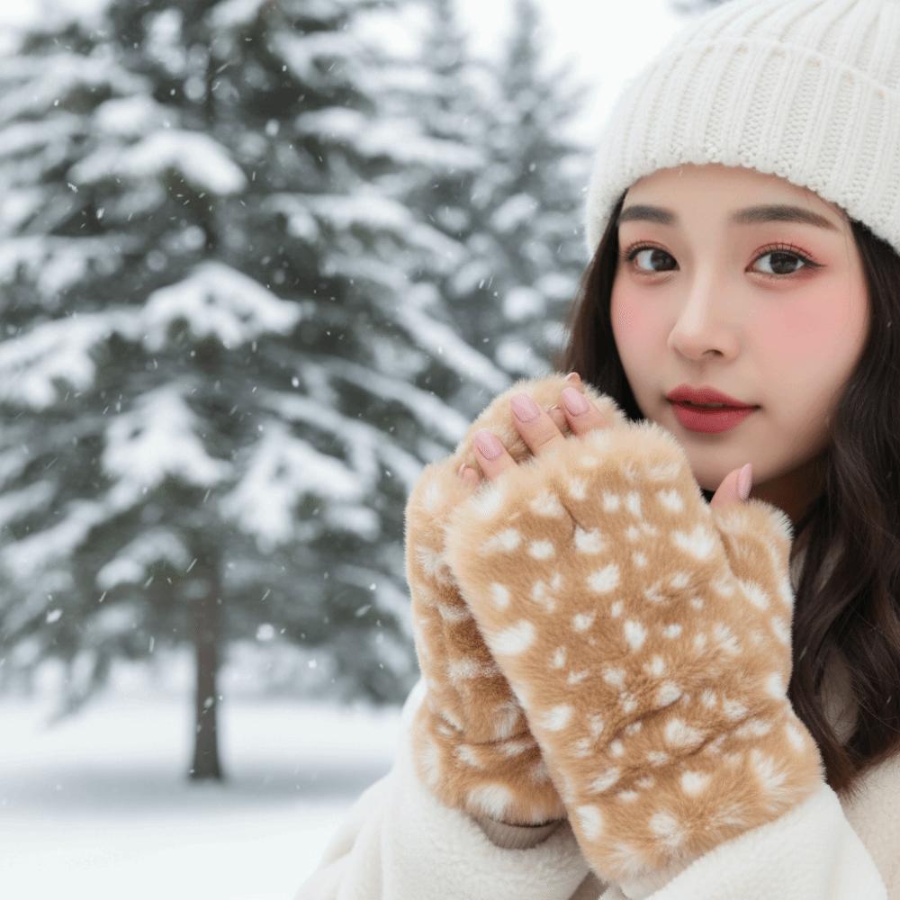 Fleece Lined Half Finger Mittens Elastic Cuff Faux Fur Handwarmer Fingerless Furry Gloves Teens