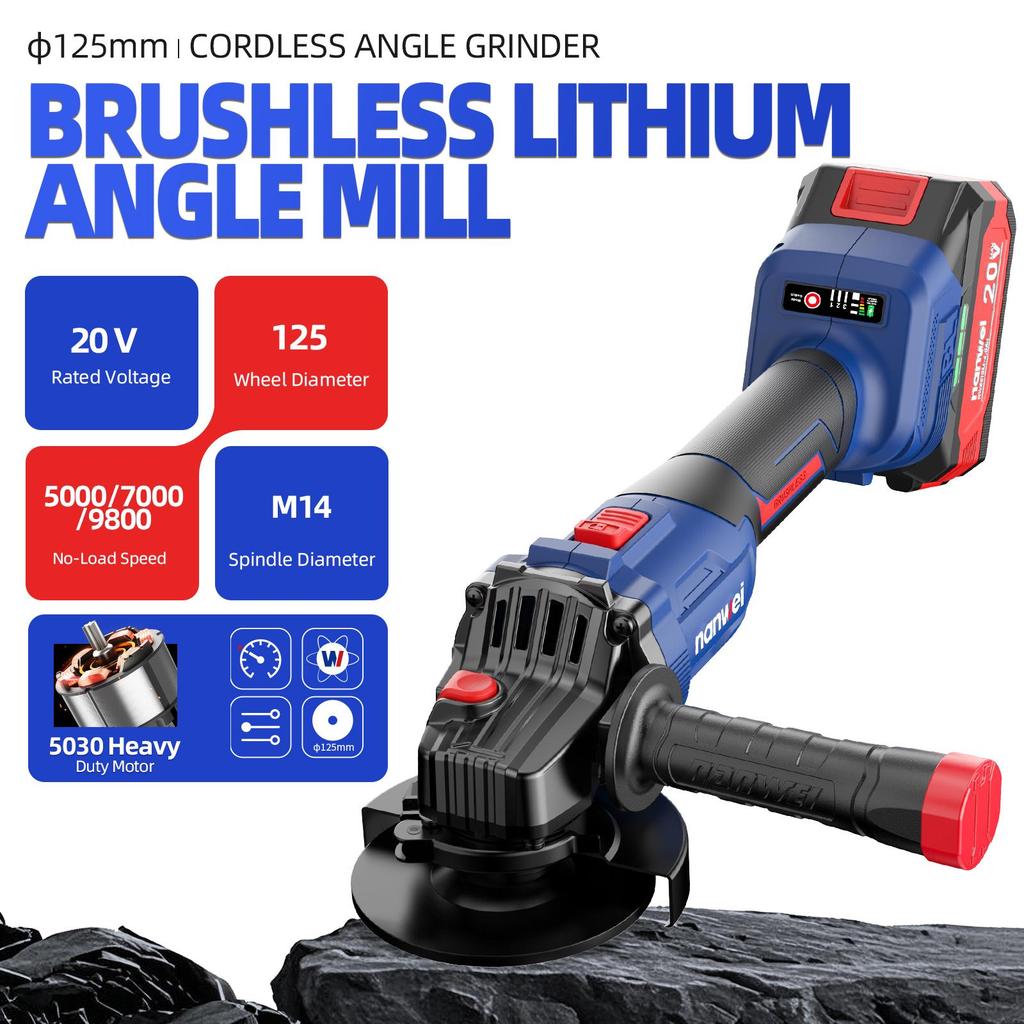 NANWEI Угловая шлифмашина 125 мм 5000/7000/9800 об/мин, 20 В, Бесщеточный двигатель