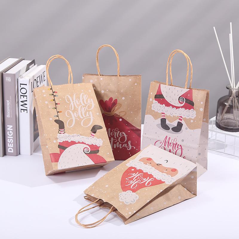 10pcs Happy Christmas Kraft Paper Gift Bag Xmas Santa Claus Candy Biscuit Bag Christmas Gift Hand Bags For New Year Present