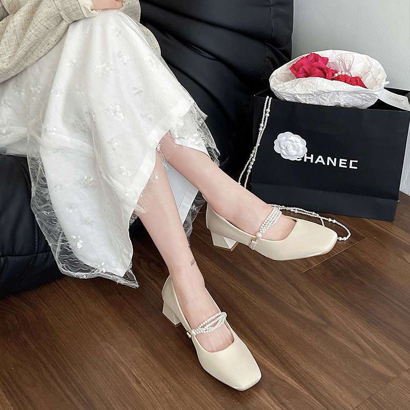 Свадебная обувь Обувь для подружек невесты Банкетная обувь Французские одинарные туфли Темперамент феи Повседневная носка Квадратный носок Мэри Джейн на высоком каблуке
