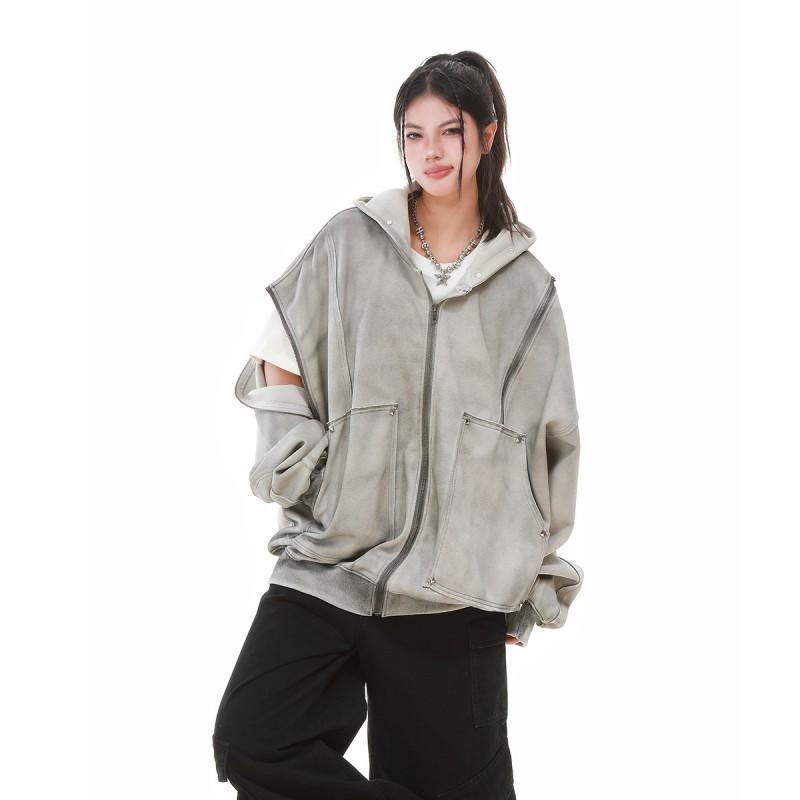 American Street Hip Hop Hoodie Distressed Washed Zip Up Sweatshirt Loose Fit Teens Casual Wear
