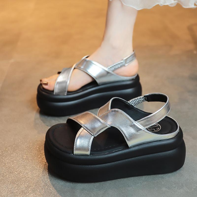 Fashion Women Leather Sandals 7CM Summer Shoes New 2024 High Platform Cross-strap Slides Fashion Casual Sandals Beach Chunky Slippers