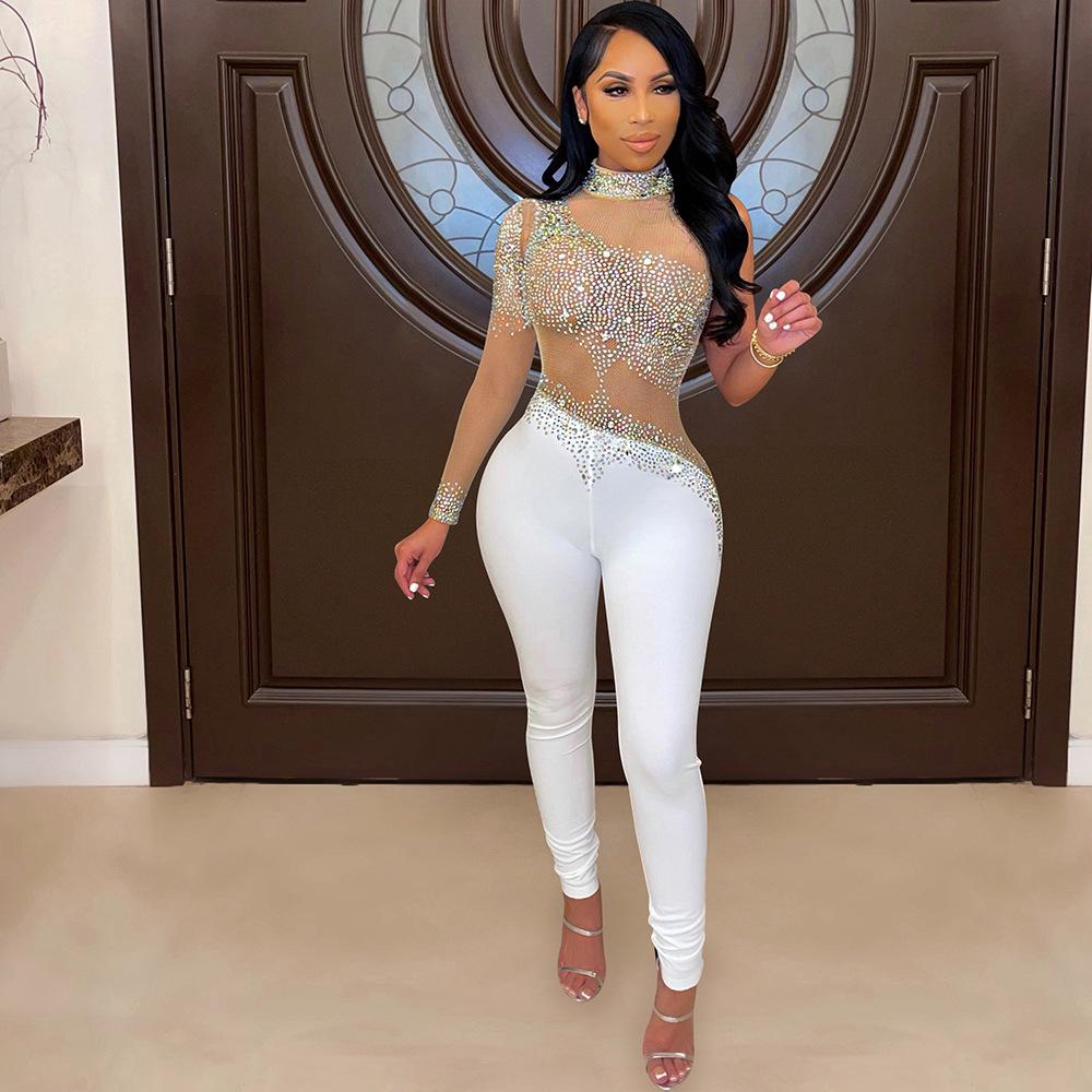 «Женский модный сексуальный сетчатый прозрачный комбинезон с длинными рукавами и бриллиантами»