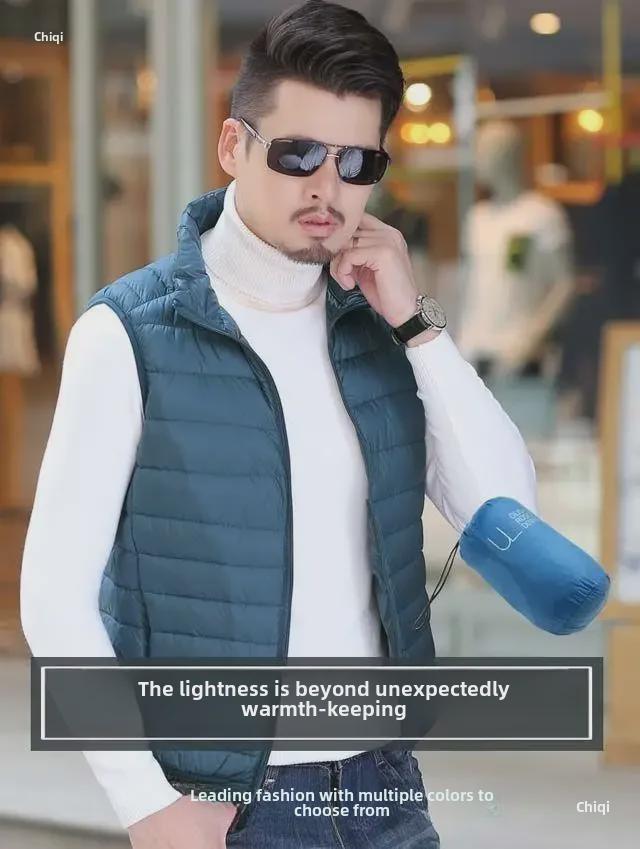 Men's Lightweight Down Cotton Vest Jacket - Large, Warm, Fashionable Stand-Up Collar