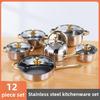 Thickened Stainless Steel Cookware Set, Twelve Piece Set, Soup Pot, Milk Pot, Frying Pan Combination Set