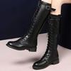 Retro Black Thick Bottom Long Boots Women Autumn Pu Leather Knee High Boots Woman Plus Size 43 Side Zipper Platform Shoes