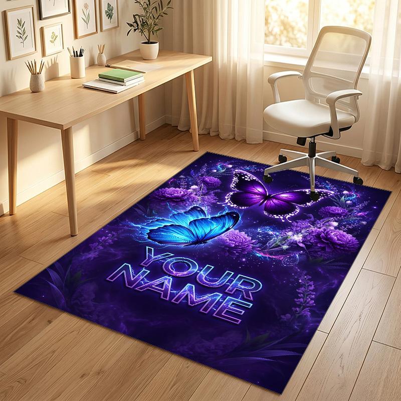 Butterfly Theme Crystal Velvet Rug Personalized Custom Name Text Soft Floor Mat Home Decor