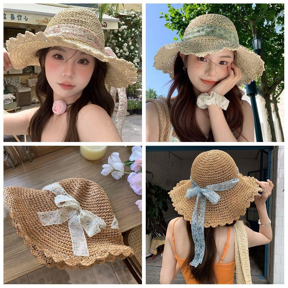 French Style Lace Straw Hat Spring Summer Women's Sun Hat Elegant Bow Ribbon Straw Hat  Outdoor