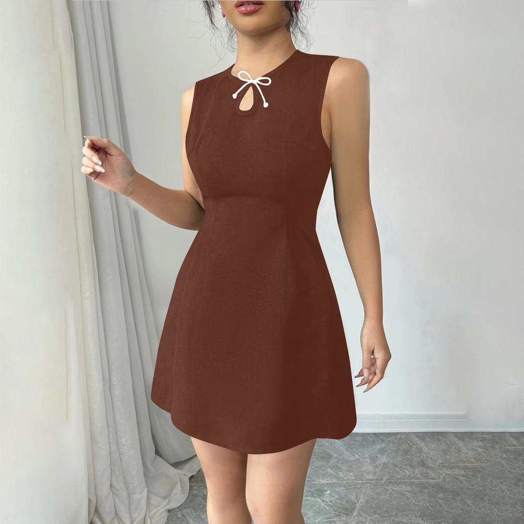 Женское однотонное платье без рукавов с поясом на талии, облегающее, с круглым вырезом и бантом