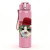 1PC Cat Wear Red Hat Flower Print 750ml Color Plastic Sports Water Bottle Leakproof Flip Straw Lid Suitable for Sports Office Home Use