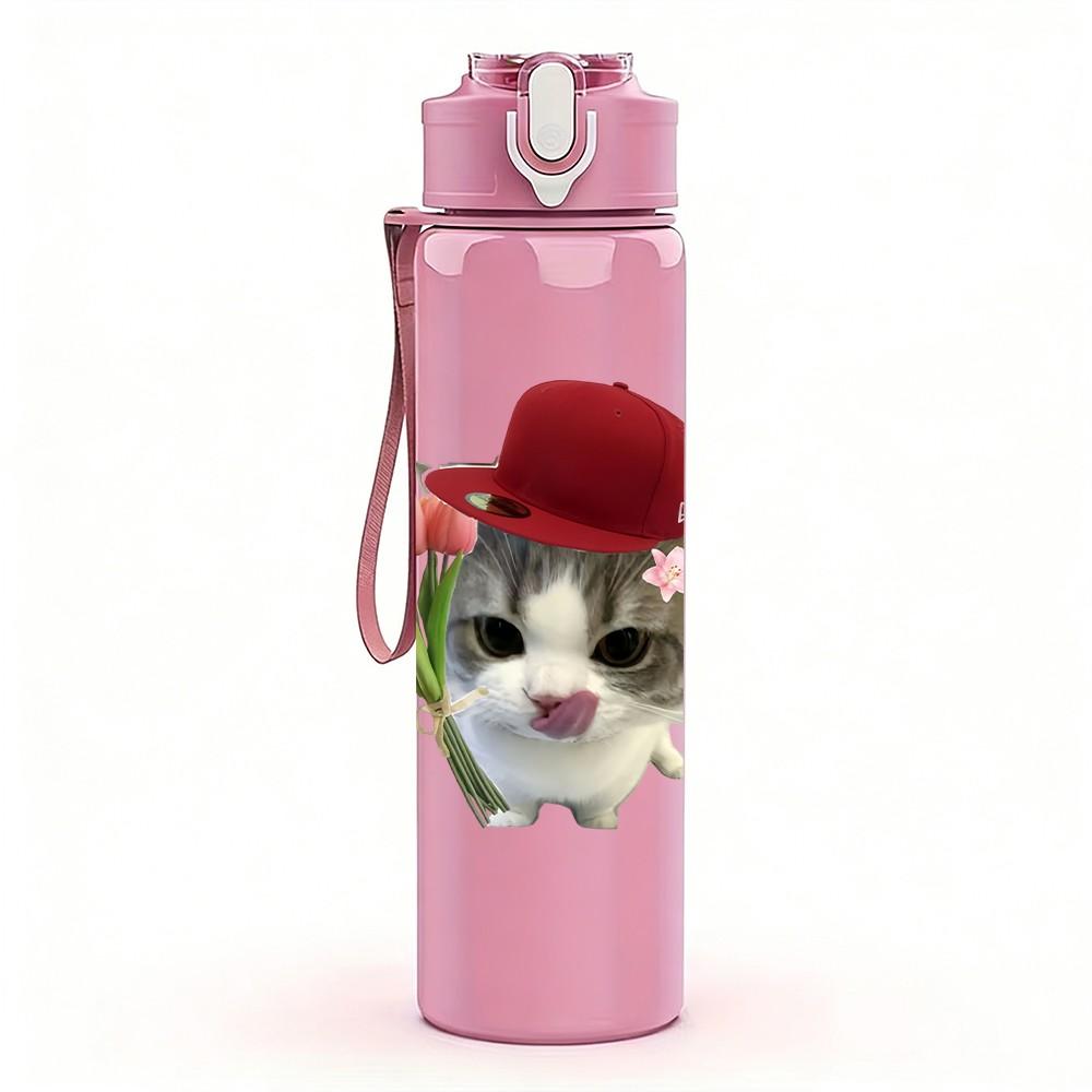 1PC Cat Wear Red Hat Flower Print 750ml Color Plastic Sports Water Bottle Leakproof Flip Straw Lid Suitable for Sports Office Home Use