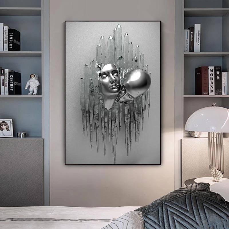 Абстрактная современная серебряная фигурка, статуя, холст, картины, романтический принт, настенные художественные картинки для гостиной, Настенный декор, Cuadros