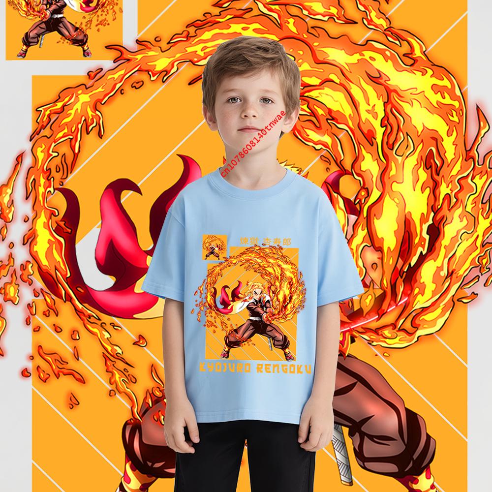 Boys Anime Kimetsu no Yaiba Tshirt Kyojuro Rengoku Print Cotton Tee Kids Lightweight Short Sleeve Top Casual Comfortable Wear
