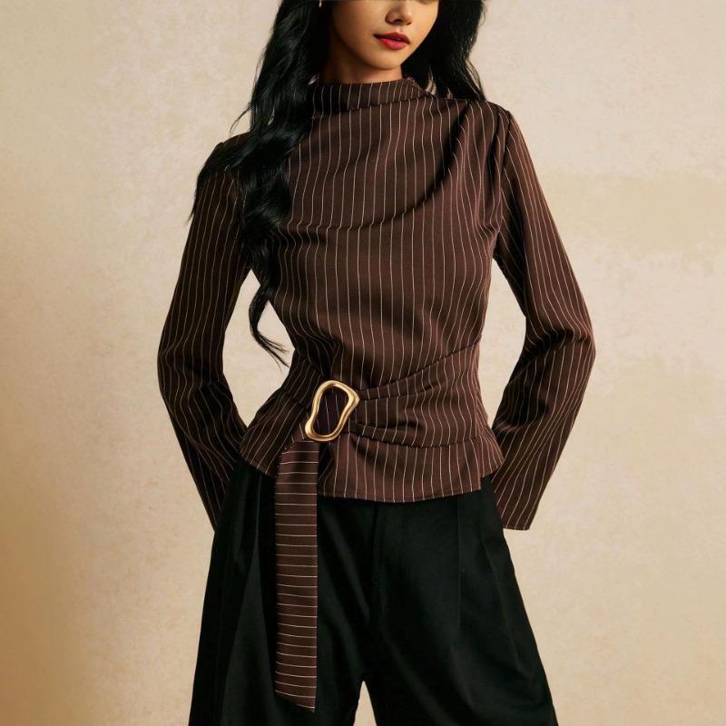 Vintage Striped High Neck Long Sleeve Flared Cuff Blouse With Metal Decor And Tie