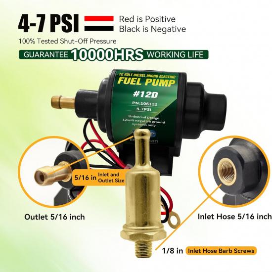12D Micro Electric Diesel Fuel Pump Universal 5/16 Inch Inlet And Outlet 12V 1-2 A, 35 GPH, 4-7 PSI