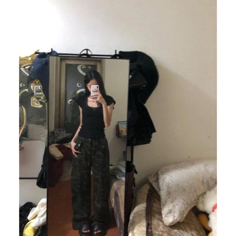 2024 Y2k Aesthetic Lace Patchwork Crop Top Streetwear Harajuku Women Vintage U Neck T-shirt Streetwear Bow Bottoming Grunge Tees