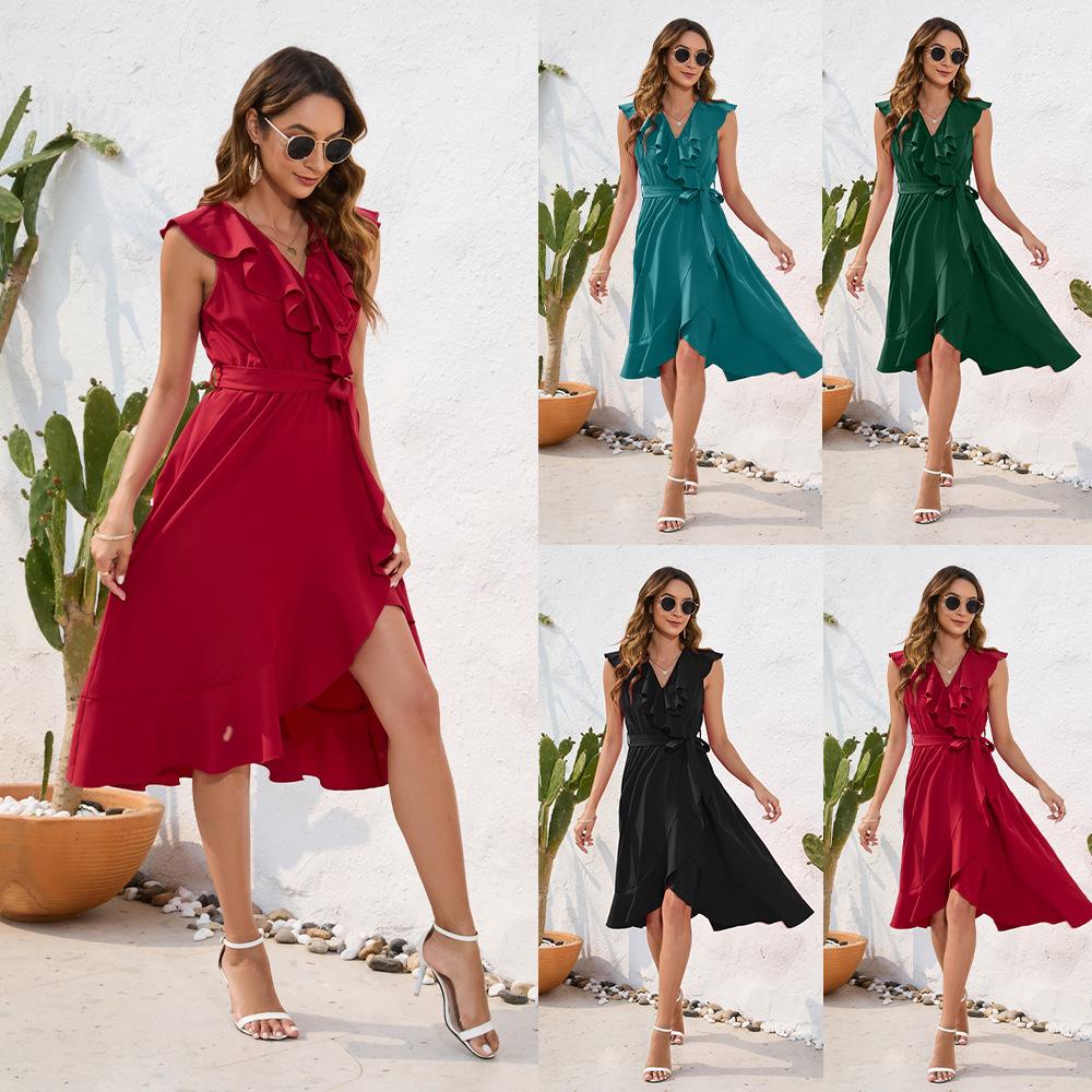 GUMXIA женские модные летние весенние однотонные повседневные платья с длинным рукавом и v-образным вырезом и высокой талией