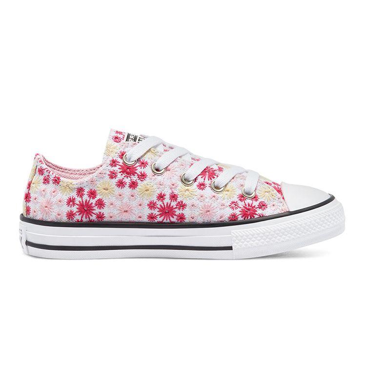 Converse Chuck Taylor All Star Low Top Kids Canvas Shoes Embroidered Pink And White Kids Sneakers 671287C
