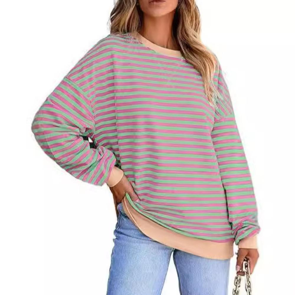 Повседневная толстовка с круглым вырезом и длинными рукавами в контрастную полоску, верхняя часть футболки