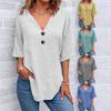 V-neck Button Short Sleeved Pullover Fashionable Casual T-shirt for Women