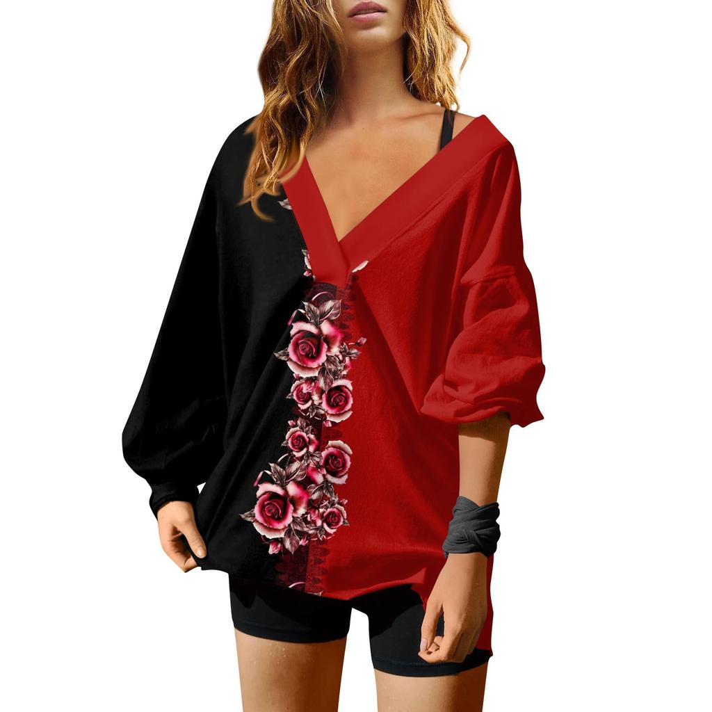 Женская мода ретро принтованный V-образный вырез длинный рукав свободный пуловер свитшот топ