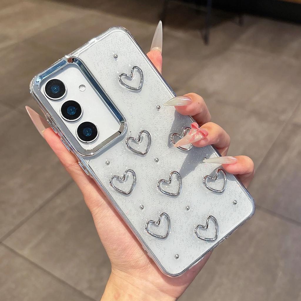 Прозрачный блестящий 3D серебристый чехол с сердечком для Samsung Galaxy S25 S24 S23 Ultra Plus FE A56 A36 A26 A16 A55 A35 Эпоксидная накладка-бампер