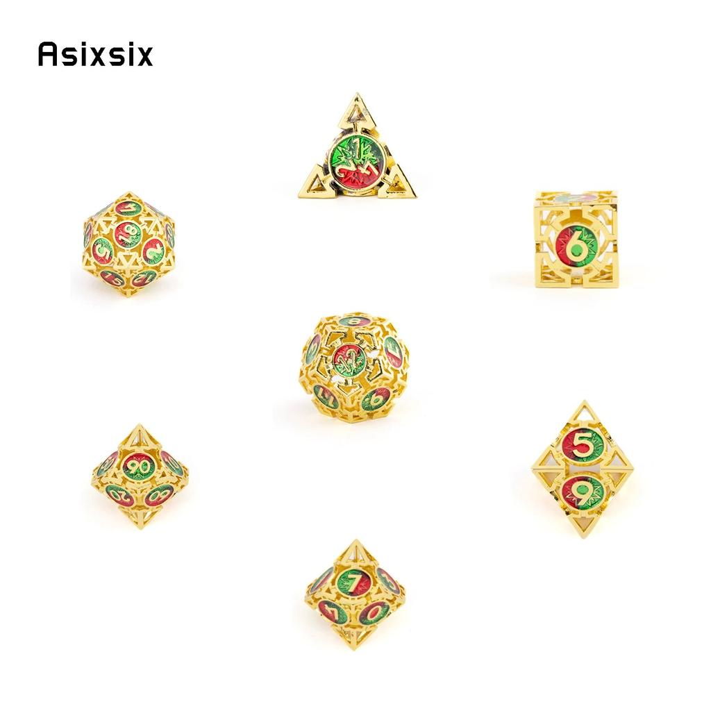 7 шт. золотые, красные, зеленые металлические игральные кости, круглые полые металлические многогранные игральные кости, подходят для ролевой игры, настольной игры, карточной игры