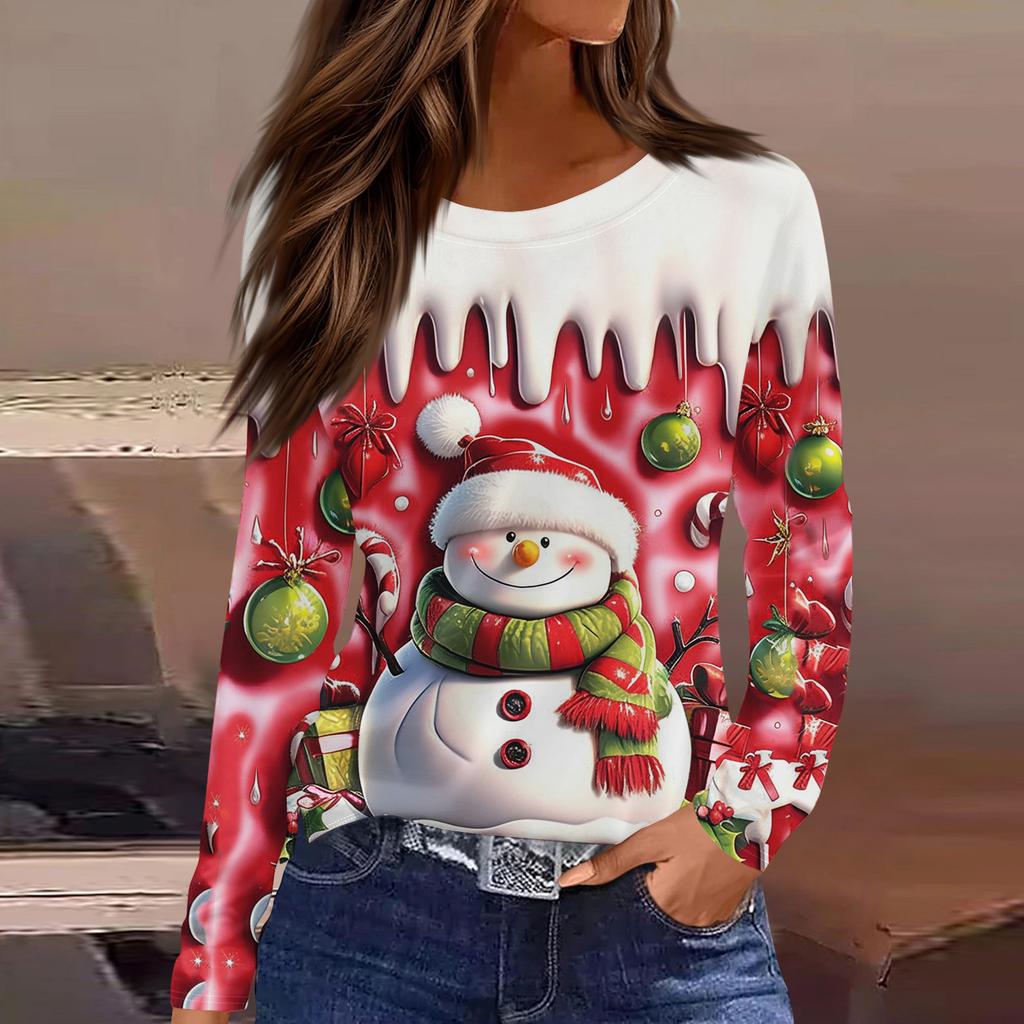 Women's Fashion Casual Slit Hem Round Neck Long Sleeve Loose Printed T-Shirt Ladies Top