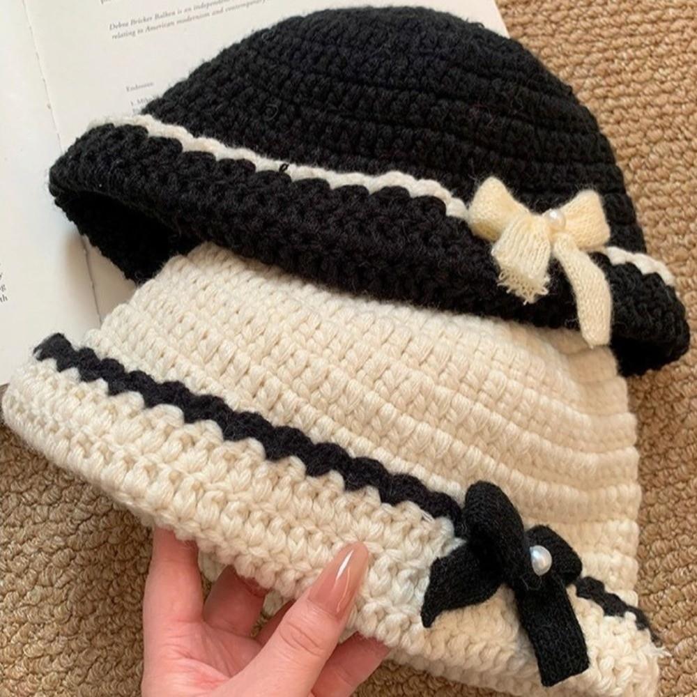 Hand-Knitted Bucket Hat 3D Bow Crochet Beanie Hat Elegant Knitted Basin Hat