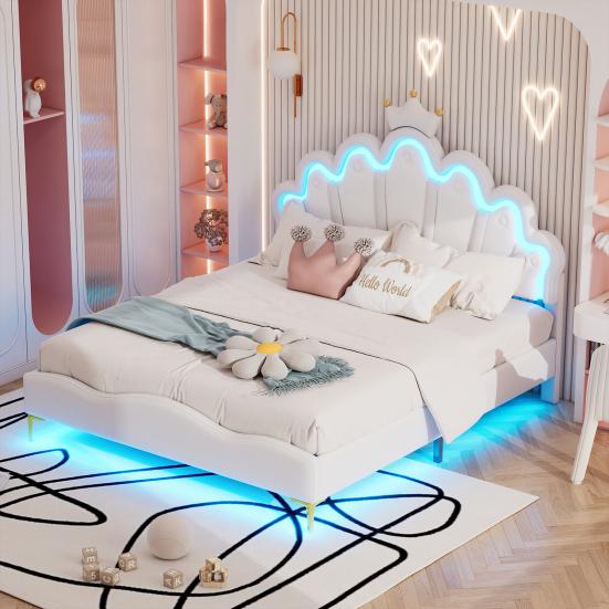 Flat Bed 140x200cm Double Bed, Crown-Shaped Princess Soft Upholstery Made of Faux Leather, Adjustable LED Ambient Light Strip, White Upholstered