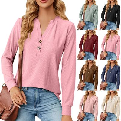 Женская модная однотонная футболка с V-образным вырезом и пуговицами, свободная, с длинным рукавом