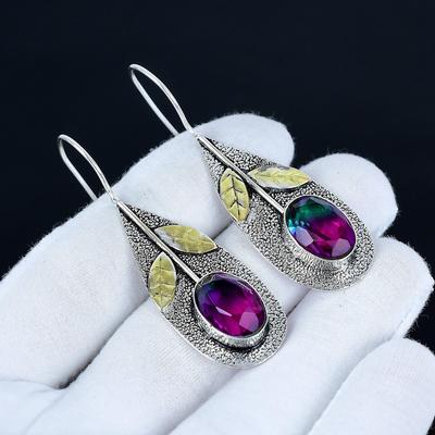 Серьги с двухцветным турмалином, серьги из стерлингового серебра 925 пробы, серебряные серьги ручной работы в подарок, серьги-подвески с двухцветным турмалином в подарок