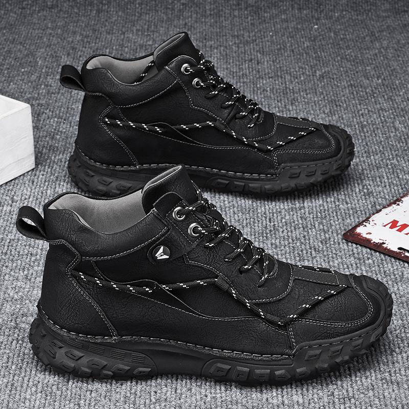 38-46 Модные зимние ботинки для мужчин, плюшевые кожаные ботинки с ручным швом, высокие походные ботинки, нескользящие, теплые, мужские ботинки, большие