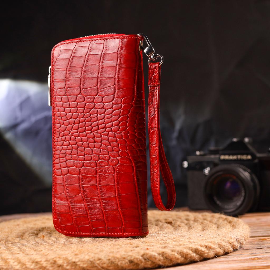 Горизонтальный яркий женский кошелек из натуральной фактурной кожи под крокодила CANPELLINI Wallet 21621 Красный