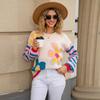 Autumn and Winter Women's Clothing Patchwork Striped Long-sleeved Floral Sweater Warm Round-neck Fashionable Knitted Sweater