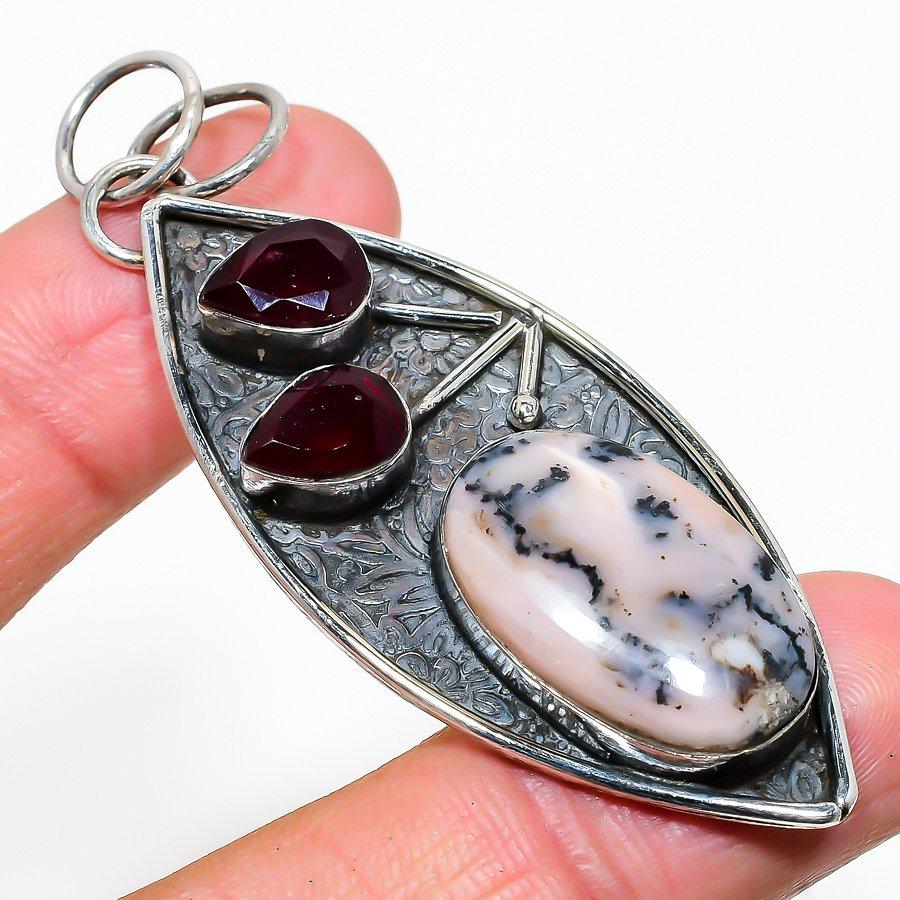Pink Opal, Garnet Handmade 925 Sterling Silver Gift Pendant 2.80" B8g47