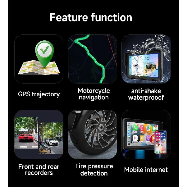 7 Inch Motorcycle Portable Navigation GPS Wireless Carplay Android Auto IP67 Waterproof Motorcycle 2K HD Touch Screen Display BT