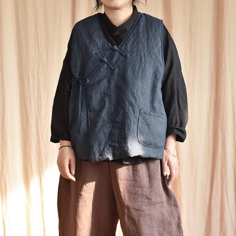 Johnature Женские льняные жилеты в китайском стиле, пальто с v-образным вырезом без рукавов, лоскутные карманы, однотонные осенние женские винтажные жилеты