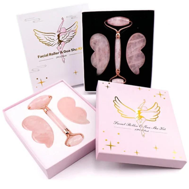 Natural Rose Quartz Jade Roller Gua Sha Set Face Beauty Lifting Jade Massager Gouache Scraper Skin Care Tools With Box