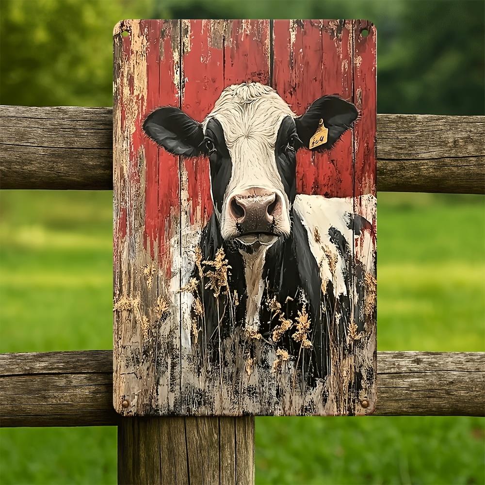 Vintage Farmhouse Cow Metal Wall Art Red Barn Door Design with Rustic Wooden Texture x Inches Iron Decor for Garden