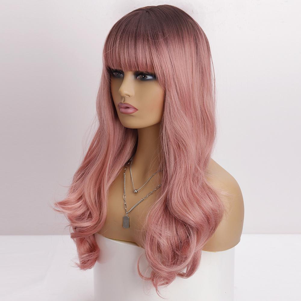 MISS WIG Длинный розовый волнистый парик омбре с челкой, черный, коричневый, косплей, натуральный синтетический парик из термостойкого волокна для женщин