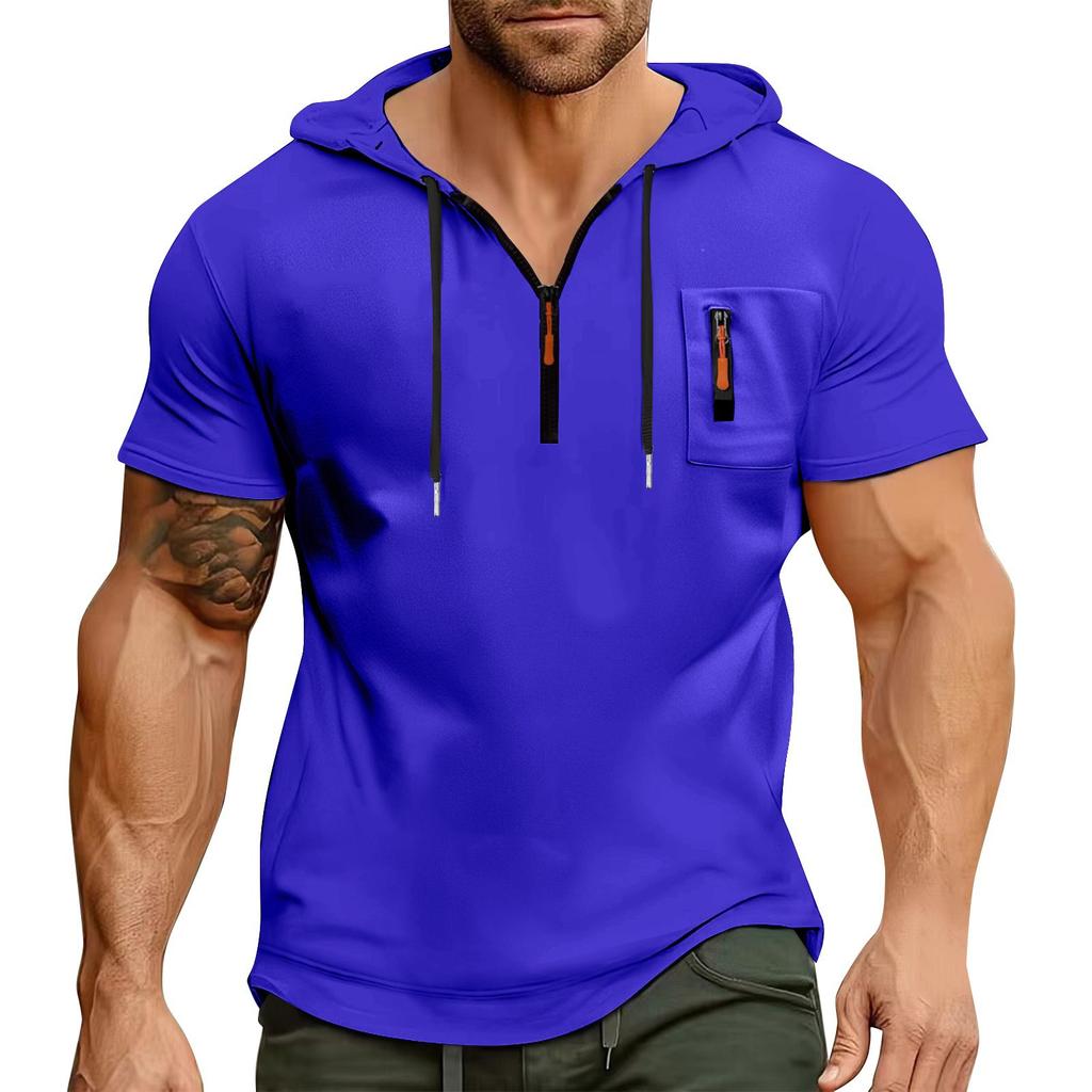 Men's Summer Shirt Zipper Pocket Short Sleeve Hooded Sweatshirt Men's Sports Large Size Casual Sweatshirt