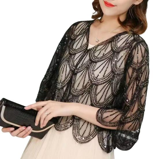 Женский кардиган с блестками, прозрачная сетка, свободные рукава с половиной рукава, симметричный тонкий V-образный вырез для выпускного, вечерние, летняя верхняя одежда, пальто